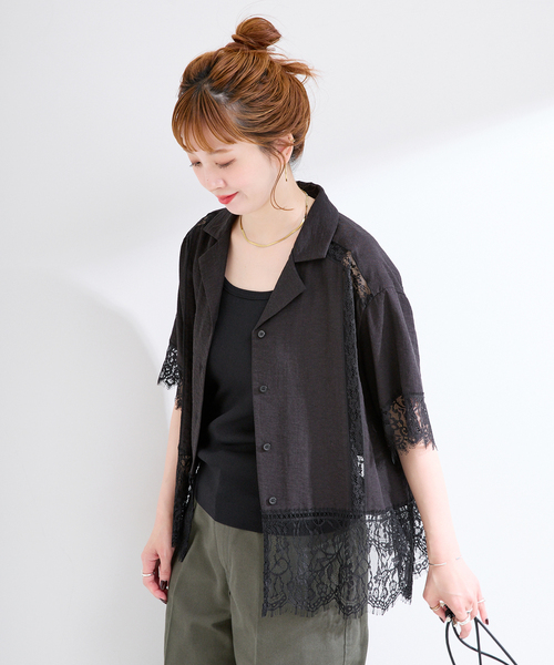B.C STOCK(ベーセーストック)の「手洗い可 / レース接ぎシャツ(シャツ/ブラウス・レディース・ベージュ/ブラック・FREE)」の8枚目の写真