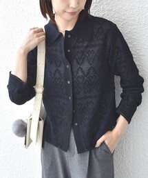 〈手洗い可能〉レース ジャカード ニット ポロ カーディガン◇