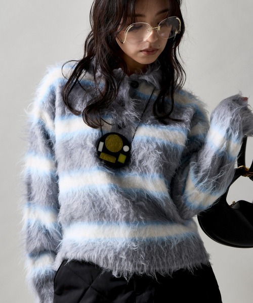 GEVS.(ジェイヴィス)の「ヘアリーボーダーポロニット<大きいサイズ有>GEVS.(ニット/セーター・レディース・グレー/ネイビー・M/L/LL/3L/4L/5L)」の2枚目の写真
