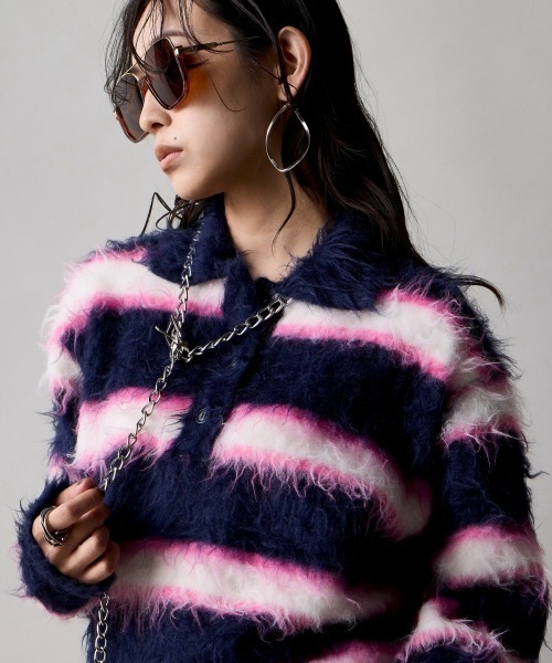 GEVS.(ジェイヴィス)の「ヘアリーボーダーポロニット<大きいサイズ有>GEVS.(ニット/セーター・レディース・グレー/ネイビー・M/L/LL/3L/4L/5L)」の4枚目の写真