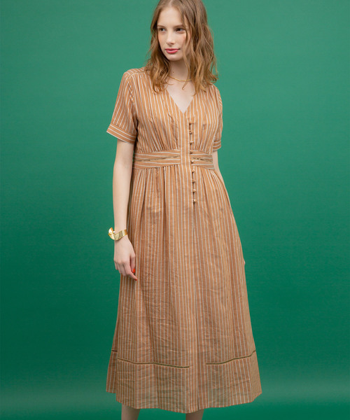 UNITED TOKYO（ユナイテッドトウキョウ）の「ストライプラダーレースワンピース（ワンピース・レディース・ホワイト/キャメル・1）」の16枚目の写真