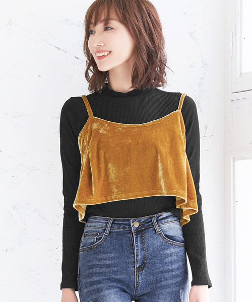 Ninarobe(ニーナローブ)の「ニット×ベロアビスチェトップスアンサンブル(ニット/セーター)」|イエロー