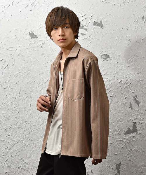 MinoriTY（マイノリティ）の「リングZIPブリティッシュストライプシャツ レトロストライプ（シャツ/ブラウス・メンズ・ブラウン/グレー・M/L）」の2枚目の写真