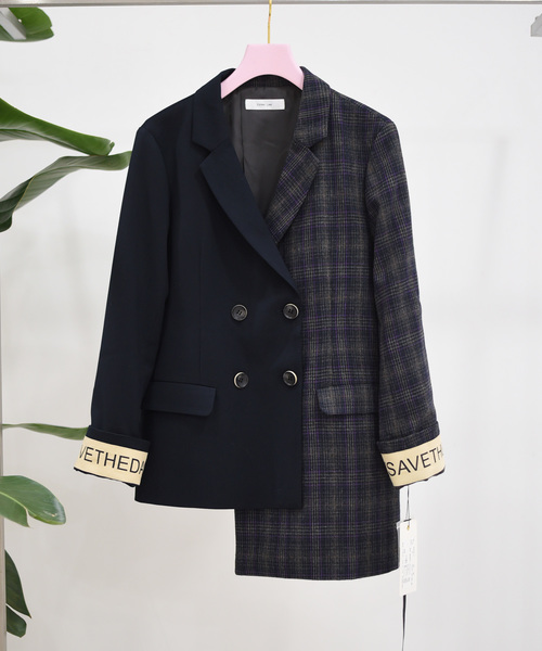 Eimee Law（エイミーロウ）の「【Eimee Law】チェック×無地アシメジャケット（テーラードジャケット・レディース・ブラック/ネイビー・38）」の5枚目の写真