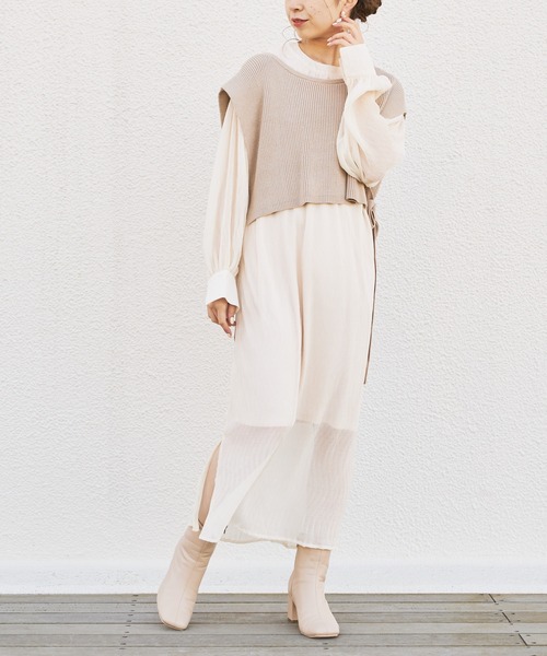 Chico（チコ）の「サイドリボンニットベスト付きプリーツロングワンピース（ワンピース・レディース・アイボリー/ミント/ホワイト・FREE）」の4枚目の写真