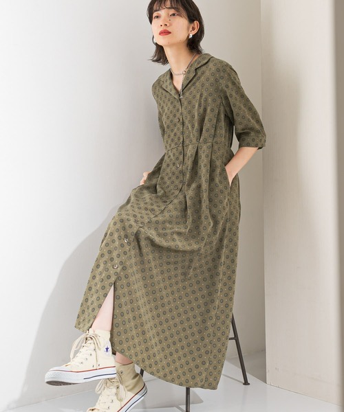KBF（ケイビーエフ）の「オープンカラー小紋ワンピース（ワンピース・レディース・ダークブラウン/カーキ・ONE）」の6枚目の写真