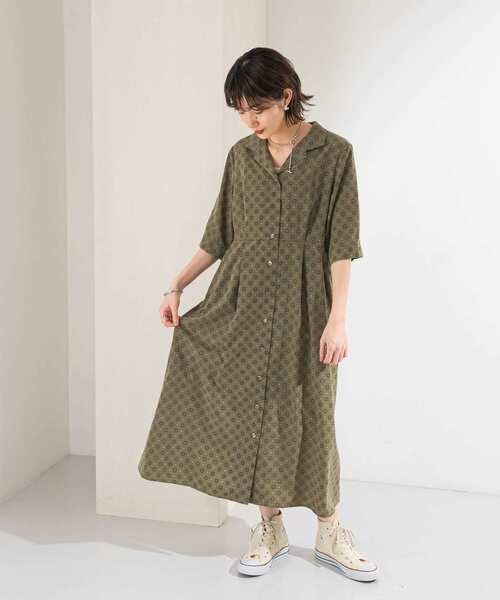 KBF（ケイビーエフ）の「オープンカラー小紋ワンピース（ワンピース・レディース・ダークブラウン/カーキ・ONE）」の7枚目の写真