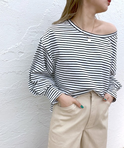 mystic（ミスティック）の「ボーダーボリュームロングTシャツ（Tシャツ/カットソー・レディース・オフホワイト/ピンク/ブルー・FREE）」の2枚目の写真