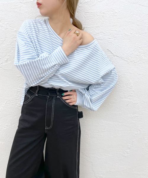 mystic（ミスティック）の「ボーダーボリュームロングTシャツ（Tシャツ/カットソー・レディース・オフホワイト/ピンク/ブルー・FREE）」の5枚目の写真