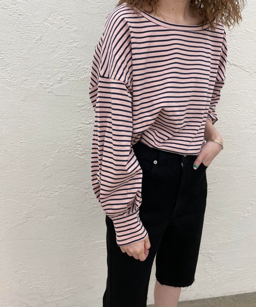 mystic（ミスティック）の「ボーダーボリュームロングTシャツ（Tシャツ/カットソー・レディース・オフホワイト/ピンク/ブルー・FREE）」の7枚目の写真