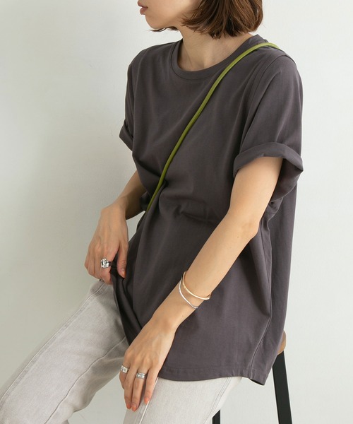rectangle（レクタングル）の「オーガニックコットンキリカエショルダーT（Tシャツ/カットソー・レディース・チャコールグレー/モカ/ブラック/グレイッシュベージュ/グリーン/オフホワイト・FREE）」の4枚目の写真