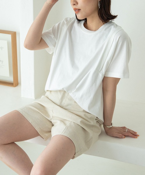 rectangle（レクタングル）の「オーガニックコットンキリカエショルダーT（Tシャツ/カットソー・レディース・チャコールグレー/モカ/ブラック/グレイッシュベージュ/グリーン/オフホワイト・FREE）」の7枚目の写真