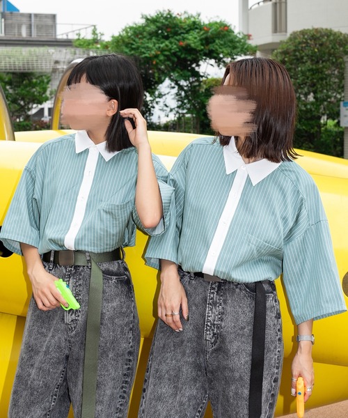 PairPair（ペアペア）の「ストライプクレリックシャツ（ユニセックス）（シャツ/ブラウス・レディース・ブラック/グレー/グリーン・MEDIUM/LARGE）」の2枚目の写真