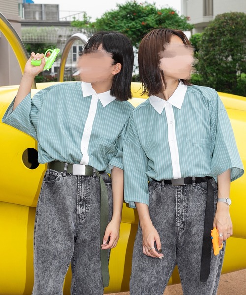 PairPair（ペアペア）の「ストライプクレリックシャツ（ユニセックス）（シャツ/ブラウス・レディース・ブラック/グレー/グリーン・MEDIUM/LARGE）」の22枚目の写真