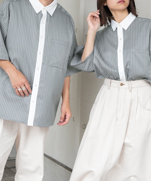 PairPair（ペアペア）の「ストライプクレリックシャツ（ユニセックス）（シャツ/ブラウス・レディース・ブラック/グレー/グリーン・MEDIUM/LARGE）」の12枚目の写真