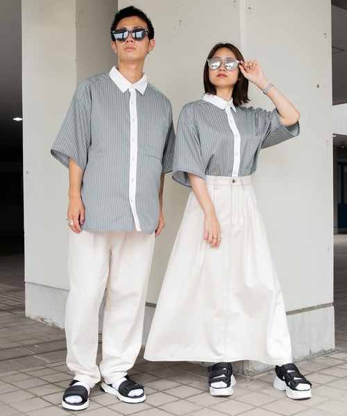 PairPair（ペアペア）の「ストライプクレリックシャツ（ユニセックス）（シャツ/ブラウス・レディース・ブラック/グレー/グリーン・MEDIUM/LARGE）」の13枚目の写真