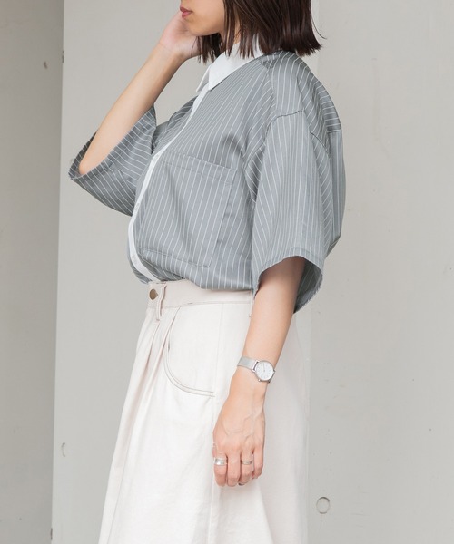 PairPair（ペアペア）の「ストライプクレリックシャツ（ユニセックス）（シャツ/ブラウス・レディース・ブラック/グレー/グリーン・MEDIUM/LARGE）」の15枚目の写真