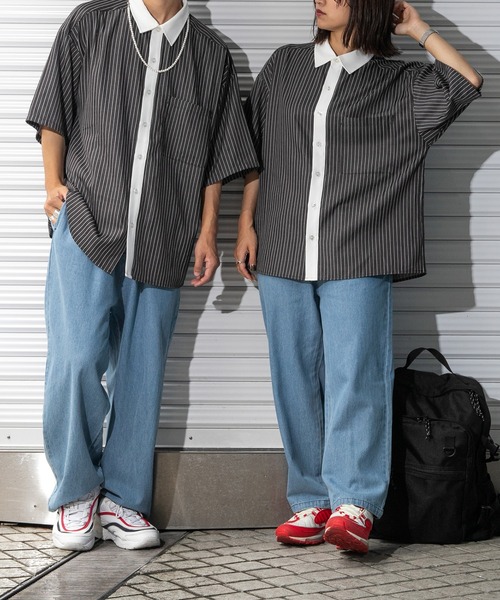 PairPair（ペアペア）の「ストライプクレリックシャツ（ユニセックス）（シャツ/ブラウス・レディース・ブラック/グレー/グリーン・MEDIUM/LARGE）」の4枚目の写真