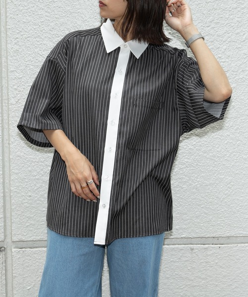 PairPair（ペアペア）の「ストライプクレリックシャツ（ユニセックス）（シャツ/ブラウス・レディース・ブラック/グレー/グリーン・MEDIUM/LARGE）」の6枚目の写真