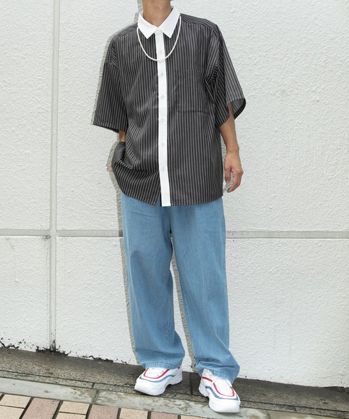 PairPair（ペアペア）の「ストライプクレリックシャツ（ユニセックス）（シャツ/ブラウス・レディース・ブラック/グレー/グリーン・MEDIUM/LARGE）」の9枚目の写真