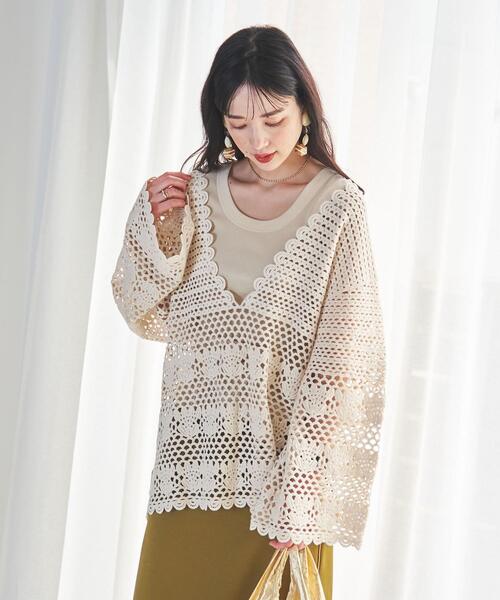 coen（コーエン）の「レース編みシアー深Vネックニット（ニット/セーター・レディース・ブラック/ナチュラル・FREE）」の4枚目の写真