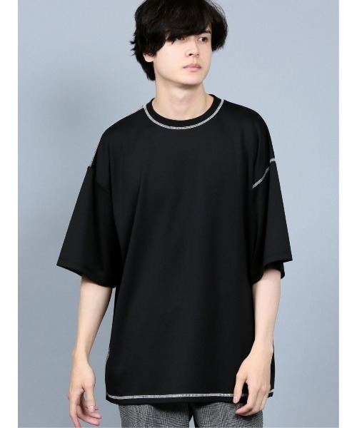 semantic design（セマンティックデザイン）の「セマンティックデザイン/semantic design ハンドステッチ風 クルーネック5分袖ビッグTシャツ（Tシャツ/カットソー・メンズ・ブラック/ライラック・LARGE/MEDIUM）」の2枚目の写真