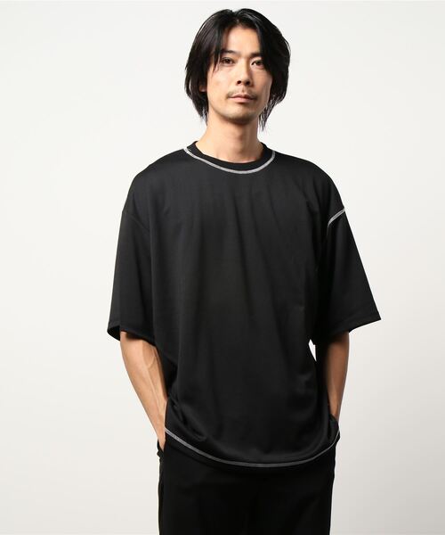 semantic design（セマンティックデザイン）の「セマンティックデザイン/semantic design ハンドステッチ風 クルーネック5分袖ビッグTシャツ（Tシャツ/カットソー・メンズ・ブラック/ライラック・LARGE/MEDIUM）」の5枚目の写真