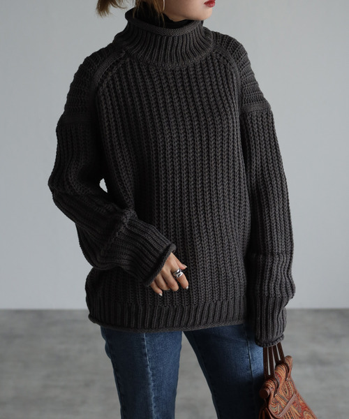 amini(アミニ)の「【2021-2022 A/W】片畦ロールニット(ニット/セーター・レディース・チャコールグレー/パープル/グリーン/グレイッシュベージュ/レンガ・MEDIUM)」の1枚目の写真