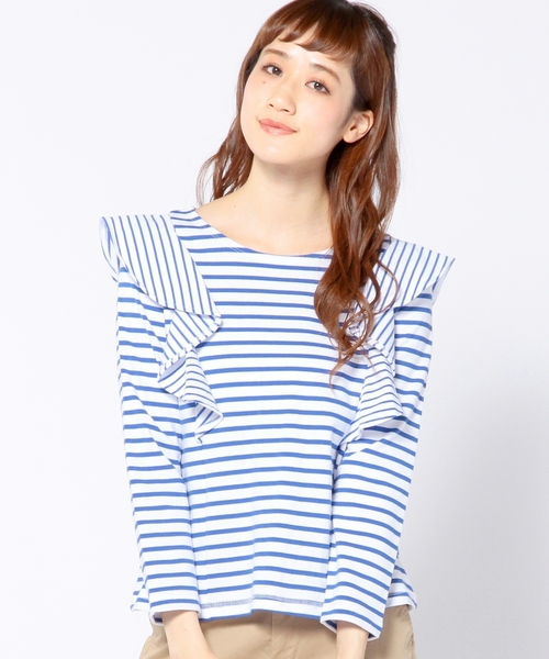 Another Edition(アナザーエディション)の「ボーダーフリルプルオーバー/ AEFC BOR フリル PO(Tシャツ/カットソー・レディース・ライム/コバルトブルー/ネイビー・フリー)」の1枚目の写真