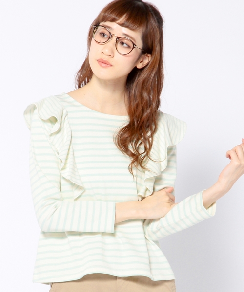Another Edition(アナザーエディション)の「ボーダーフリルプルオーバー/ AEFC BOR フリル PO(Tシャツ/カットソー・レディース・ライム/コバルトブルー/ネイビー・フリー)」の2枚目の写真