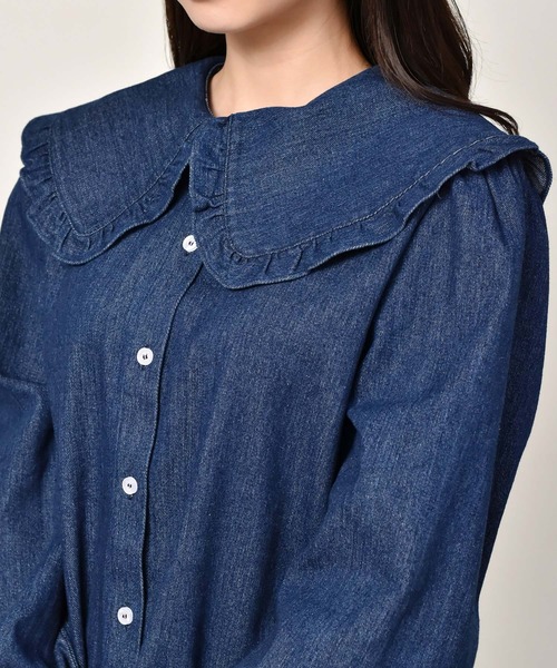 RETRO GIRL（レトロガール）の「フリル襟デニムブラウス（シャツ/ブラウス・レディース・ダークブルー/ブルー・FREE）」の6枚目の写真