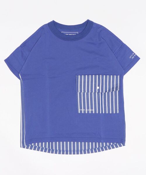 Wonder apartment(ワンダーアパートメント)の「天竺ストライプポケットTシャツ(Tシャツ/カットソー・キッズ・ネイビー/ベージュ・160cm/150cm/140cm)」の1枚目の写真