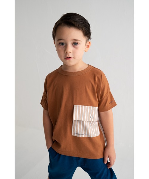 Wonder apartment(ワンダーアパートメント)の「天竺ストライプポケットTシャツ(Tシャツ/カットソー・キッズ・ネイビー/ベージュ・160cm/150cm/140cm)」の2枚目の写真