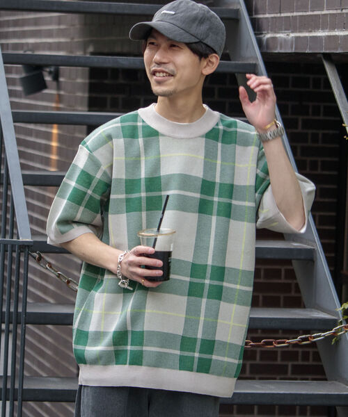 GLOSTER（グロスター）の「【GLOSTER/グロスター】ビッグチェック 半袖ニットTシャツ（Tシャツ/カットソー・メンズ・ブラック系その他/ベージュ系その他/グリーン系その他・MEDIUM/LARGE）」の3枚目の写真