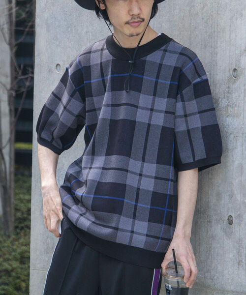 GLOSTER（グロスター）の「【GLOSTER/グロスター】ビッグチェック 半袖ニットTシャツ（Tシャツ/カットソー・メンズ・ブラック系その他/ベージュ系その他/グリーン系その他・MEDIUM/LARGE）」の6枚目の写真