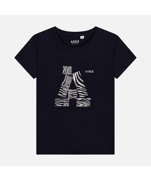 AIGLE(エーグル)の「オーガニックコットン フロントロゴプリン? 半袖Tシャツ(Tシャツ/カットソー・キッズ・ダークブルー/ライトピンク・130/140/110/120)」の1枚目の写真