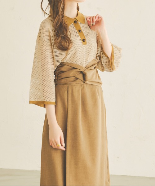 Ambre Neige（アンブルネージュ）の「配色ポロニット／【WEB/EC限定商品】（ニット/セーター・レディース・ライトイエロー/ライトベージュ・FREE）」の2枚目の写真