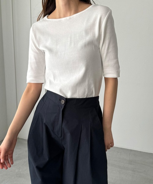 CANAL JEAN（キャナルジーン）の「harmonie -OrganicCotton-　無地5分袖Tシャツ（Tシャツ/カットソー・レディース・ホワイト/ブラック/ネイビー/グレー/オートミール・ONE SIZE）」の2枚目の写真