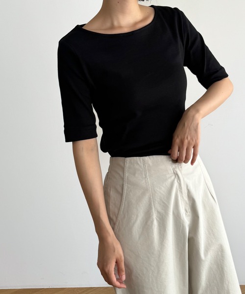 CANAL JEAN（キャナルジーン）の「harmonie -OrganicCotton-　無地5分袖Tシャツ（Tシャツ/カットソー・レディース・ホワイト/ブラック/ネイビー/グレー/オートミール・ONE SIZE）」の9枚目の写真