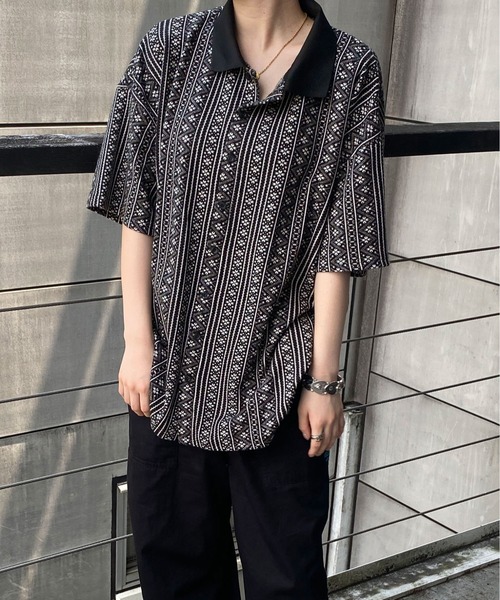 PairPair(ペアペア)の「ジャガードポロ(ユニセックス)(ポロシャツ・メンズ・ブラック/ベージュ/グレー・MEDIUM/LARGE)」の2枚目の写真