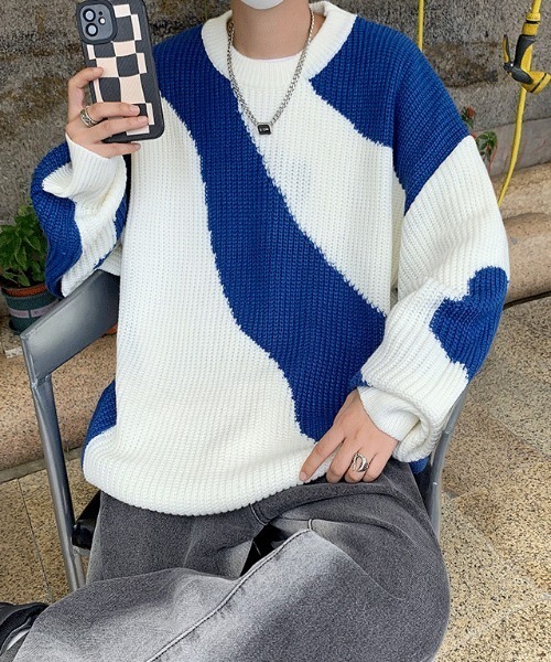 MGV（エムジーヴィー）の「バイカラーデザインニット（ニット/セーター・メンズ・ブルー/ブラック・X-LARGE/MEDIUM/LARGE）」の3枚目の写真