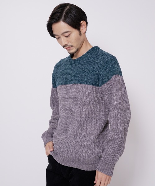 Blue Standard （ブルースタンダード）の「【BLUE STANDARD/ブルースタンダード】ふんわりもちもちのやみつきな触り心地 ふわもちモール　 畦編み　ウォッシャブル　バイカラー　クルー　セーター　ニット（ニット/セーター・メンズ・ネイビー/ブラック/グリーン/オフホワイト・MEDIUM/LARGE/X-LARGE）」の3枚目の写真