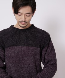 【BLUE STANDARD/ブルースタンダード】ふんわりもちもちのやみつきな触り心地 ふわもちモール 畦編み ウォッシャブル バイカラー クルー セーター ニット