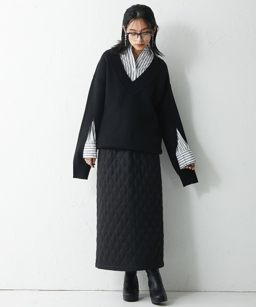 CHIC STYLE(シックスタイル)の「<大きいサイズ>ファンシーツイードキルティングロングタイトスカート シックスタイル(スカート・レディース・ブラック/アイボリー・L/LL/3L/4L/5L)」の8枚目の写真