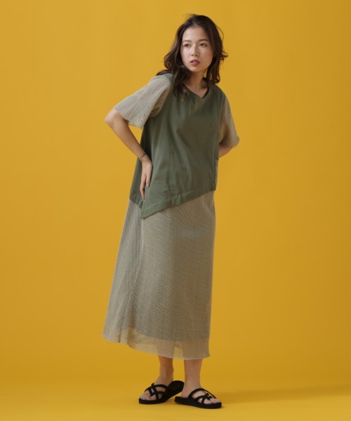 AVIREX（アヴィレックス）の「CUT×MESH ONEPIECE/ カットソー×メッシュ ワンピース（ワンピース・レディース・レンガ/オリーブ/ブラック・SMALL/MEDIUM）」の3枚目の写真