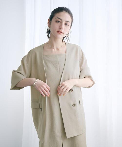 EMMEL REFINES(エメルリファインズ)の「<EMMEL REFINES>EM ノーラペル シャツ ジャケット(ノーカラージャケット・レディース・ベージュ/ネイビー・FREE)」の15枚目の写真