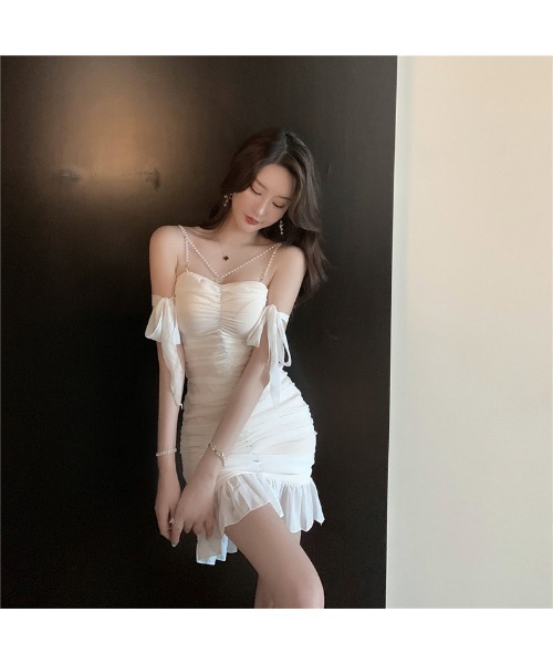 おしゃれスタ（オシャレスタ）の「ガーリーフェミニンオーガンジーギャザードレス（ドレス・レディース・ブラック/ホワイト・L/M/XL/S）」の3枚目の写真