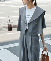 forksy. | 【forksy.】チェックセーラーカラーショート丈シャツジャケット＆センタープレスパンツセットアップ(セットアップ)