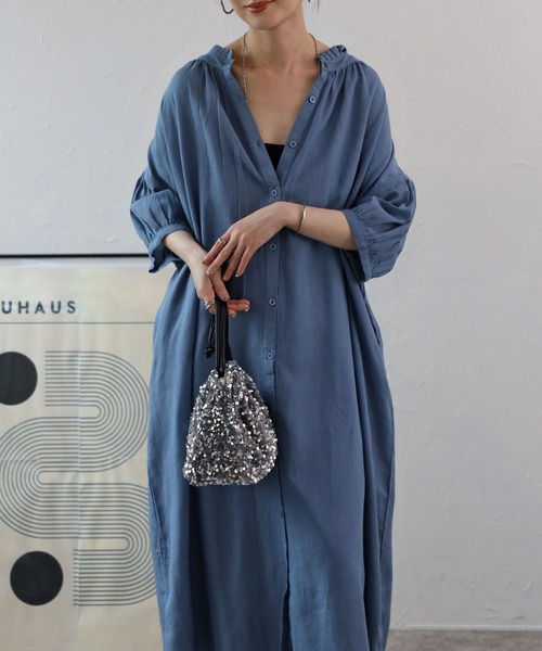 Fizz(フィズ)の「【Fizz/フィズ】 綿麻ミックス 襟プリーツシャツワンピース(ワンピース・レディース・チャコール/ベージュ/カーキ/ブルー・M)」の7枚目の写真