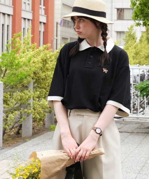 PENNEYS(ぺニーズ)の「PENNEYS/ペニーズ 別注 THE FOX ロゴ ワッペン刺繍 鹿の子配色ポロシャツ(ポロシャツ・レディース・ベージュ/オフホワイト/ネイビー/ブラック/ホワイト系/ブラック系/ブラウン系/ベージュ系/ネイビー系/ホワイト系1/ベージュ系1/ホワイト系2・FREE)」の5枚目の写真